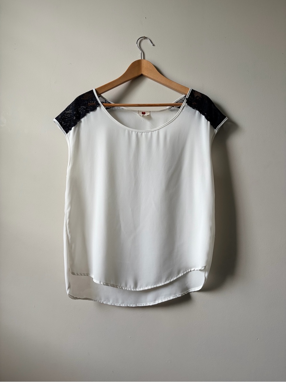 White Cap-Sleeve Blouse with Black Lace Shoulder Detail